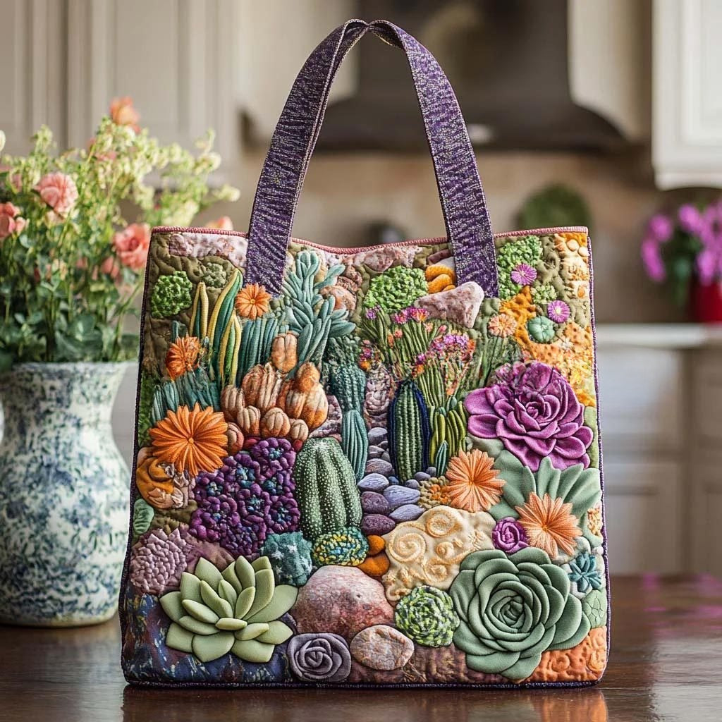 Handmade Embroidered Quilted Tote Bag with Jungle Animal and Book Patterns