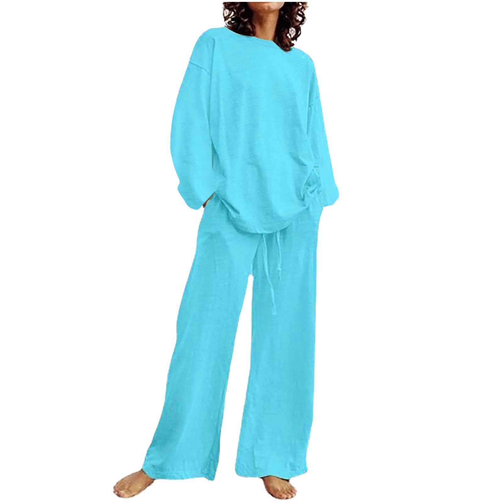 2024 European and American Cross-Border New Cotton and Linen Solid Color Two-Piece Suit Round Neck Long-Sleeved Top Drawstring Wide-Leg Long Style