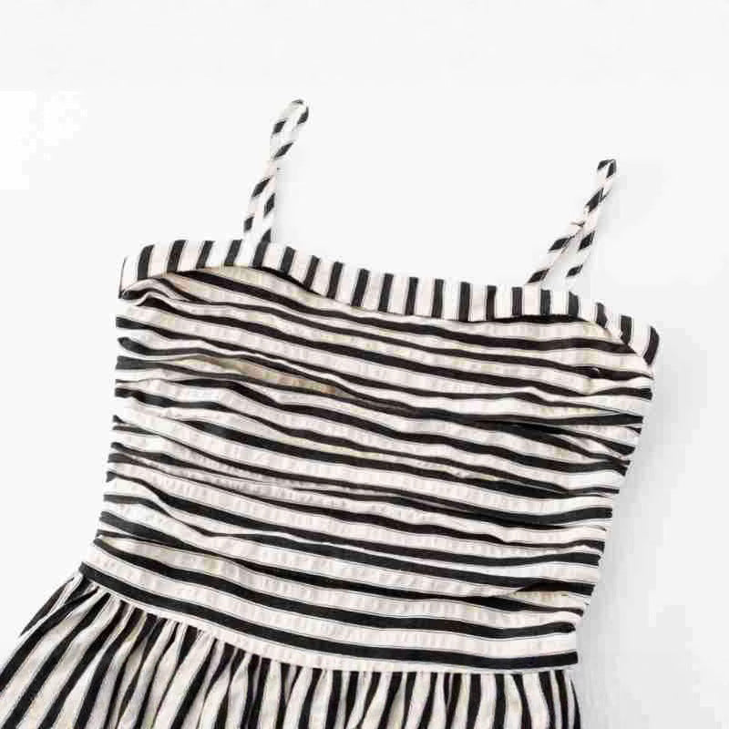 French Spliced Striped Suspender Dress with Pleated Waist