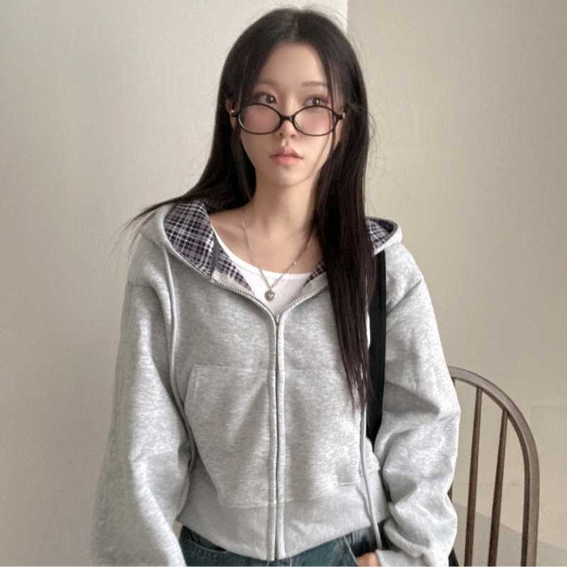 Relaxed and loose checkered plain-colored zipper long-sleeved hoodie