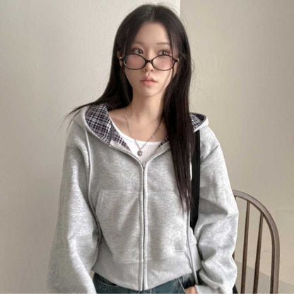 Relaxed and loose checkered plain-colored zipper long-sleeved hoodie