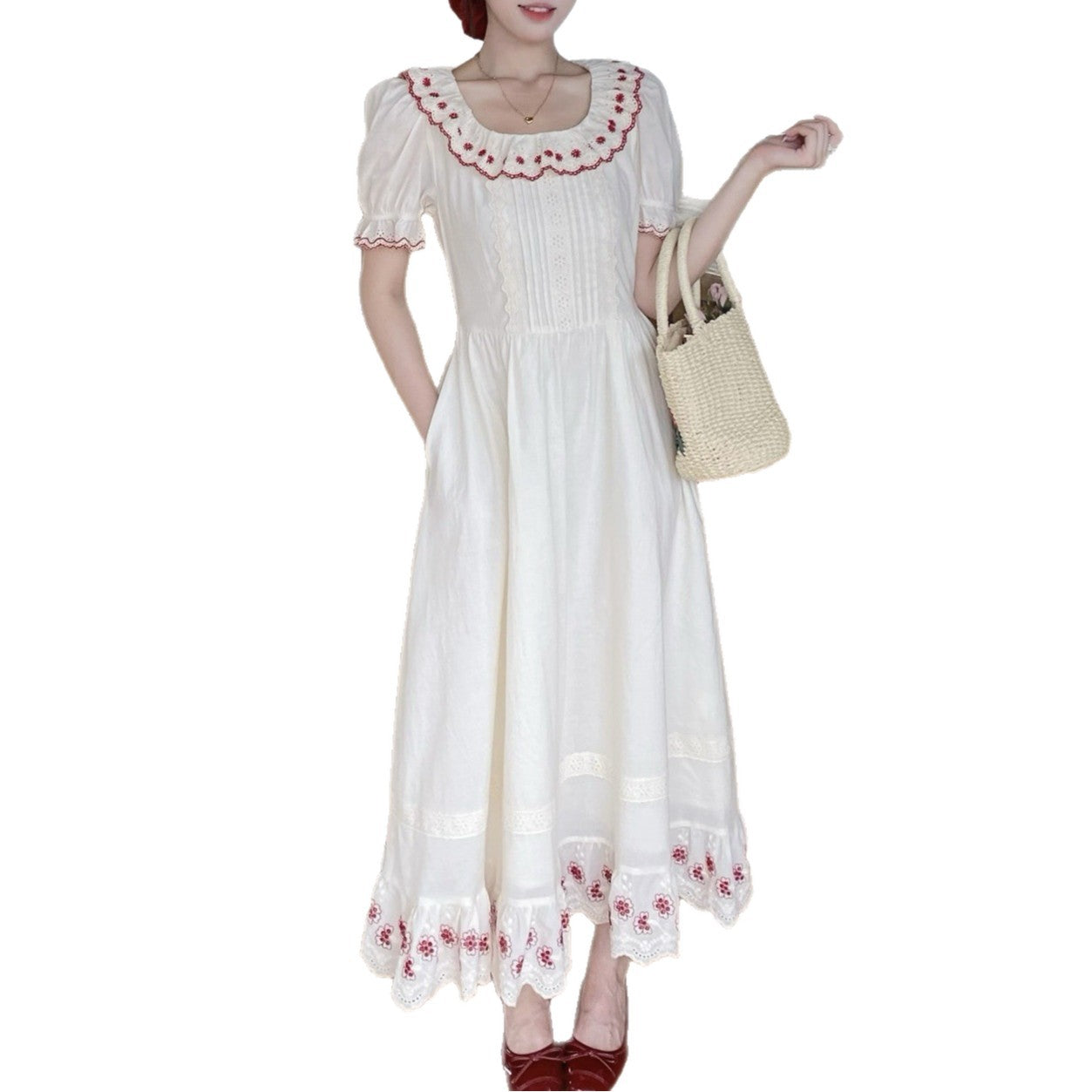 Embroidered Apricot Rose Long Dress