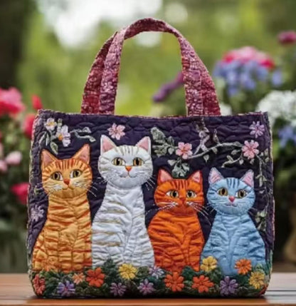Handmade Embroidered Quilted Tote Bag with Jungle Animal and Book Patterns