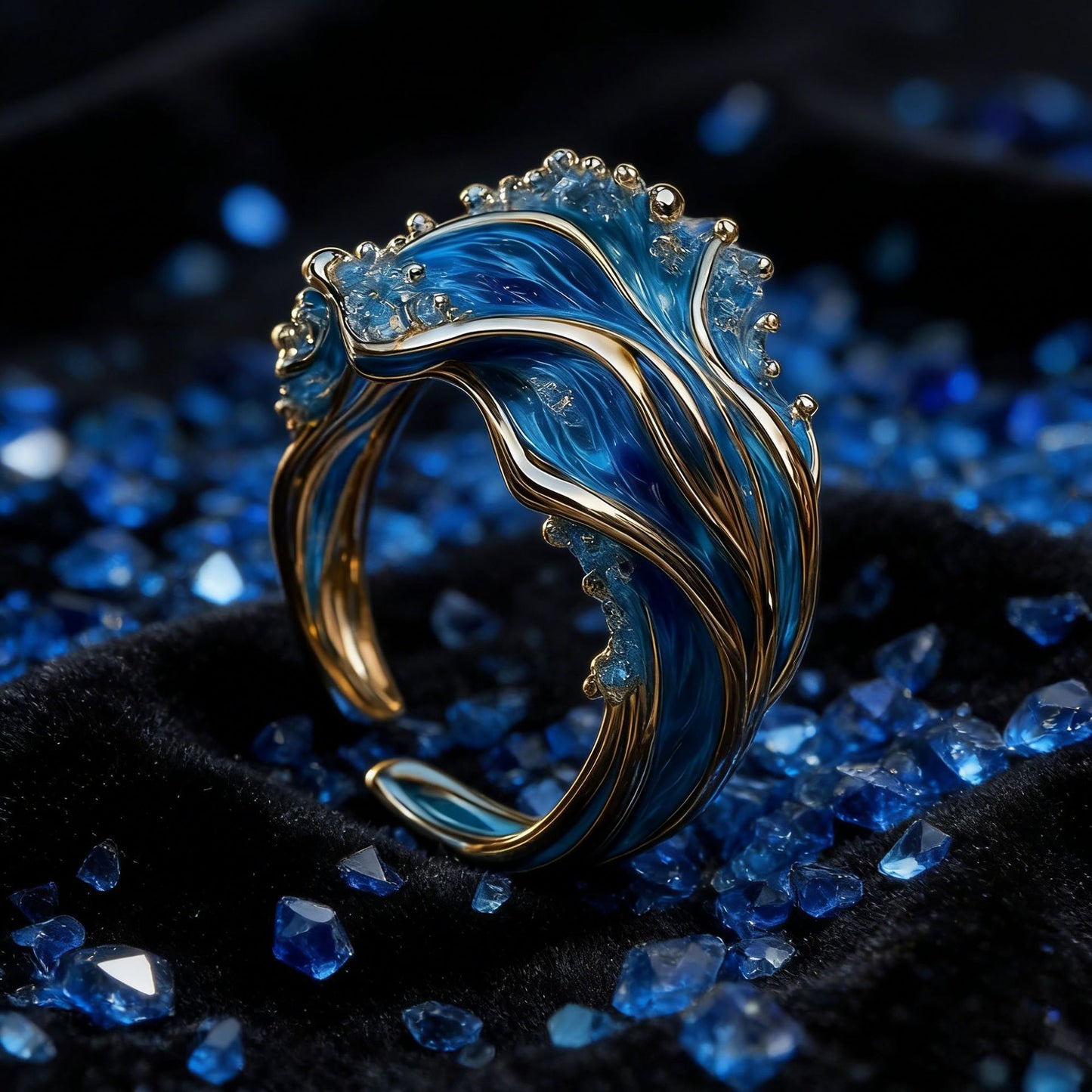 Blue and gold sea wave open ring