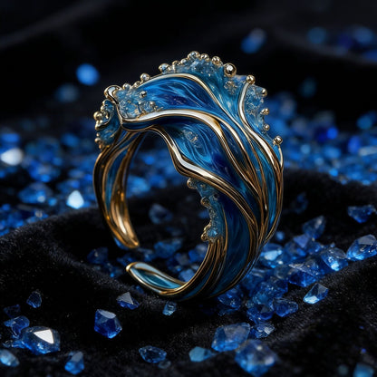 Blue and gold sea wave open ring