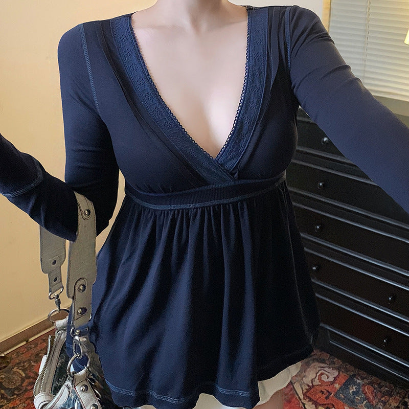 Womens V-Neck Lace Long Sleeve T-Shirt