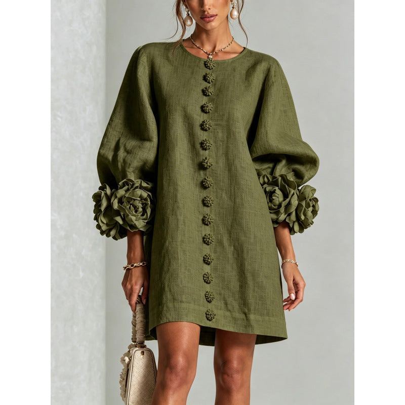 Womens Floral Applique Lantern Sleeve A-Line Dress