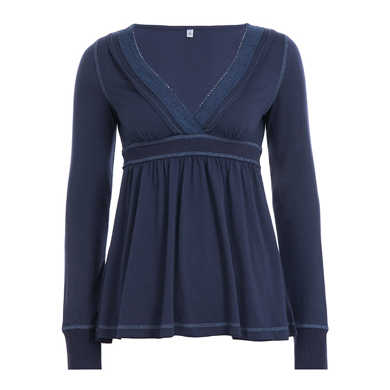Womens V-Neck Lace Long Sleeve T-Shirt