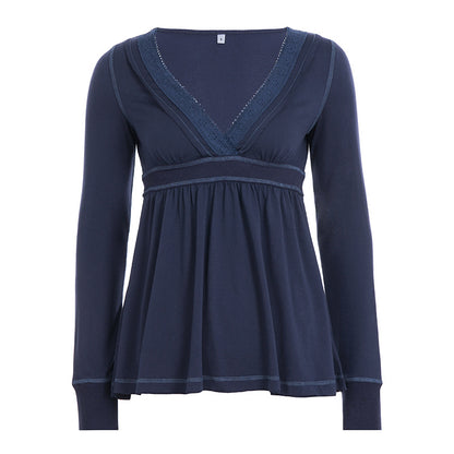 Womens V-Neck Lace Long Sleeve T-Shirt