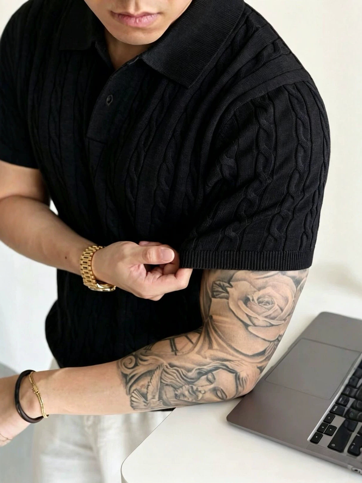 Mens Cable Knit Polo Shirt