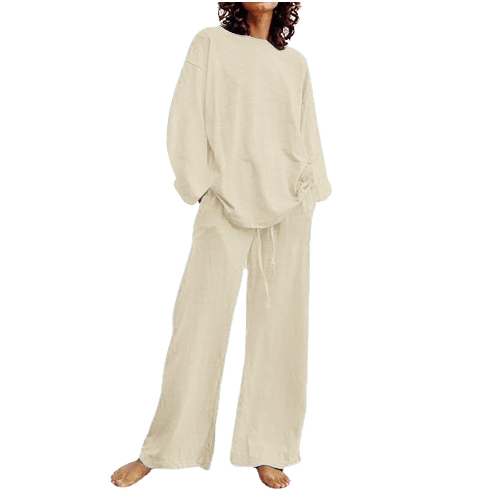 2024 European and American Cross-Border New Cotton and Linen Solid Color Two-Piece Suit Round Neck Long-Sleeved Top Drawstring Wide-Leg Long Style