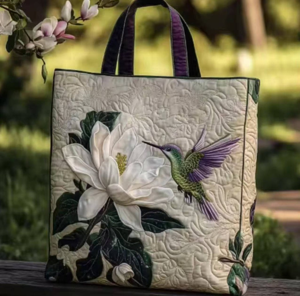 Handmade Embroidered Quilted Tote Bag with Jungle Animal and Book Patterns