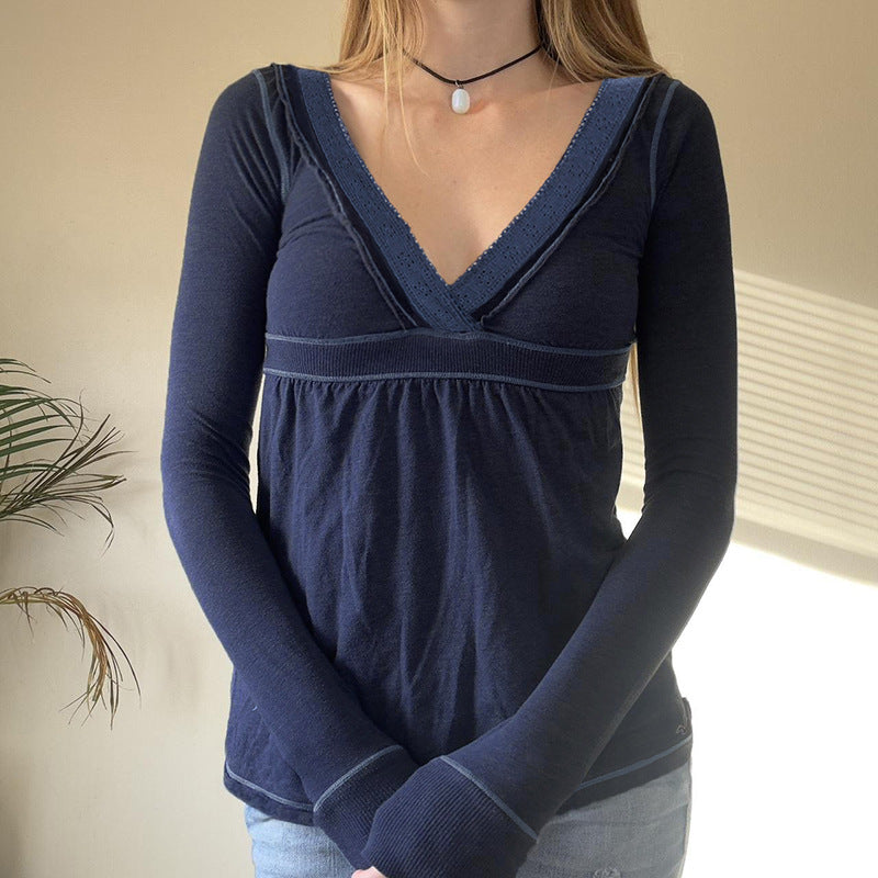 Womens V-Neck Lace Long Sleeve T-Shirt