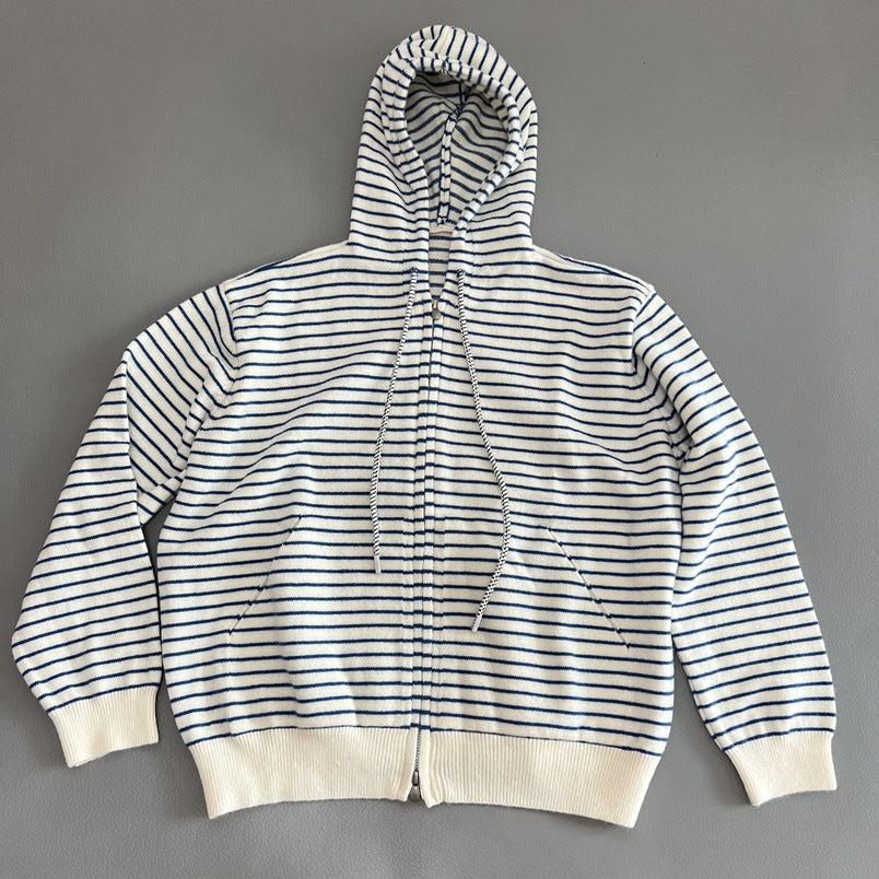 Women Casual Hooded Zip Up Striped Sweater