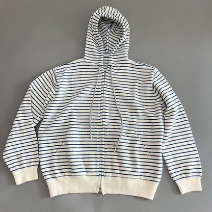 Women Casual Hooded Zip Up Striped Sweater