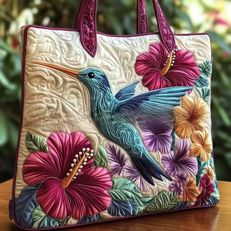 Handmade Embroidered Quilted Tote Bag with Jungle Animal and Book Patterns