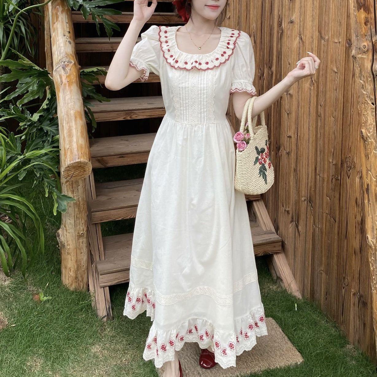 Embroidered Apricot Rose Long Dress