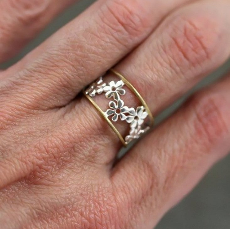 Floral Adjustable Two-Tone Alloy Ring