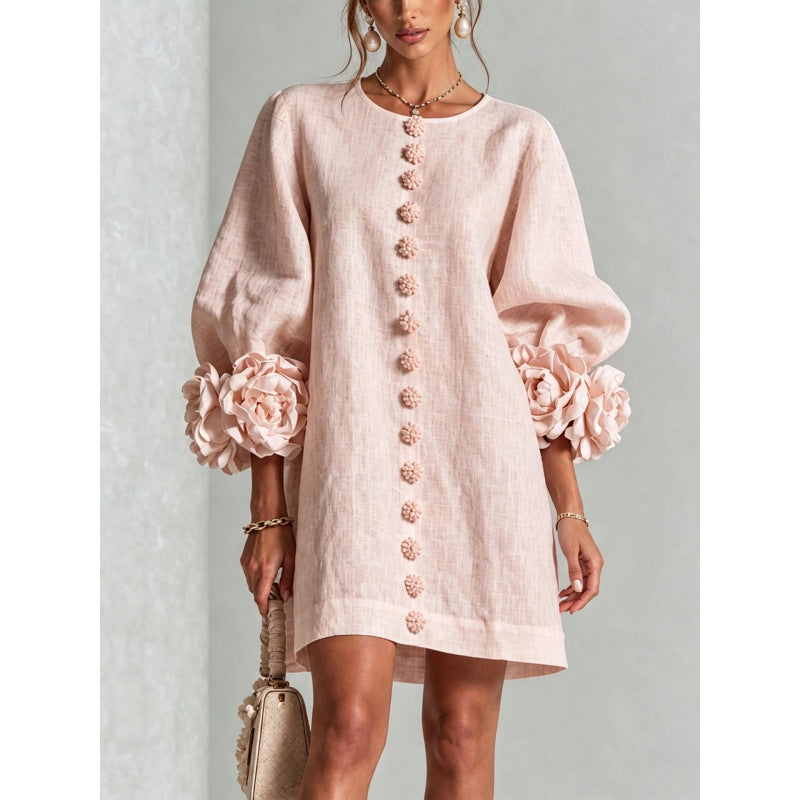 Womens Floral Applique Lantern Sleeve A-Line Dress