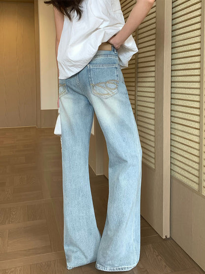Washed Retro Wide-Leg Denim Pants for Women