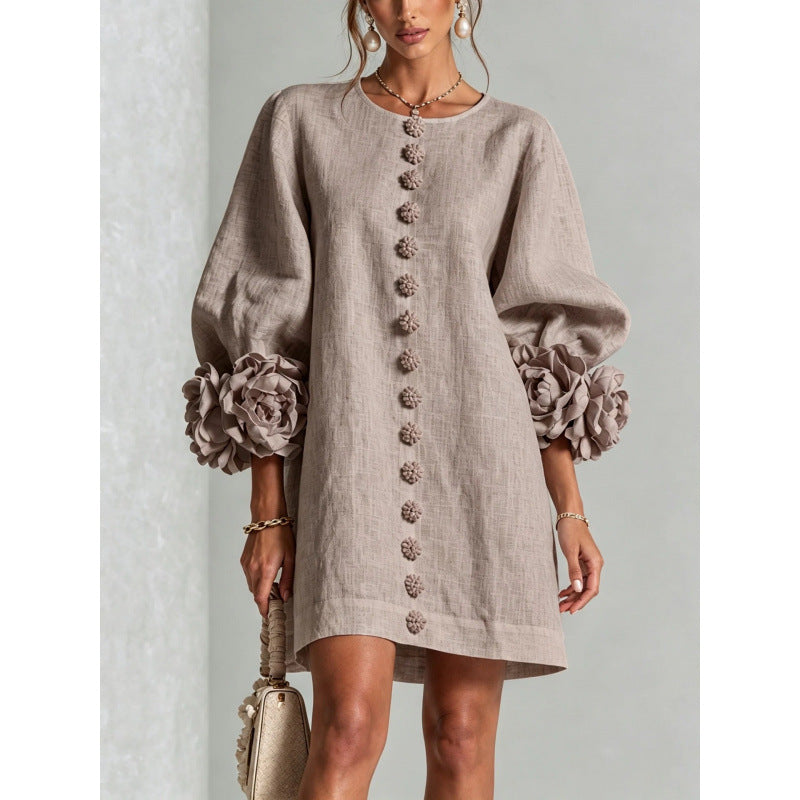 Womens Floral Applique Lantern Sleeve A-Line Dress
