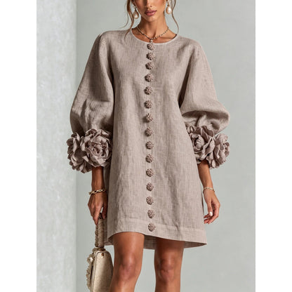 Womens Floral Applique Lantern Sleeve A-Line Dress