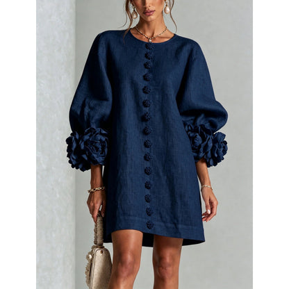 Womens Floral Applique Lantern Sleeve A-Line Dress