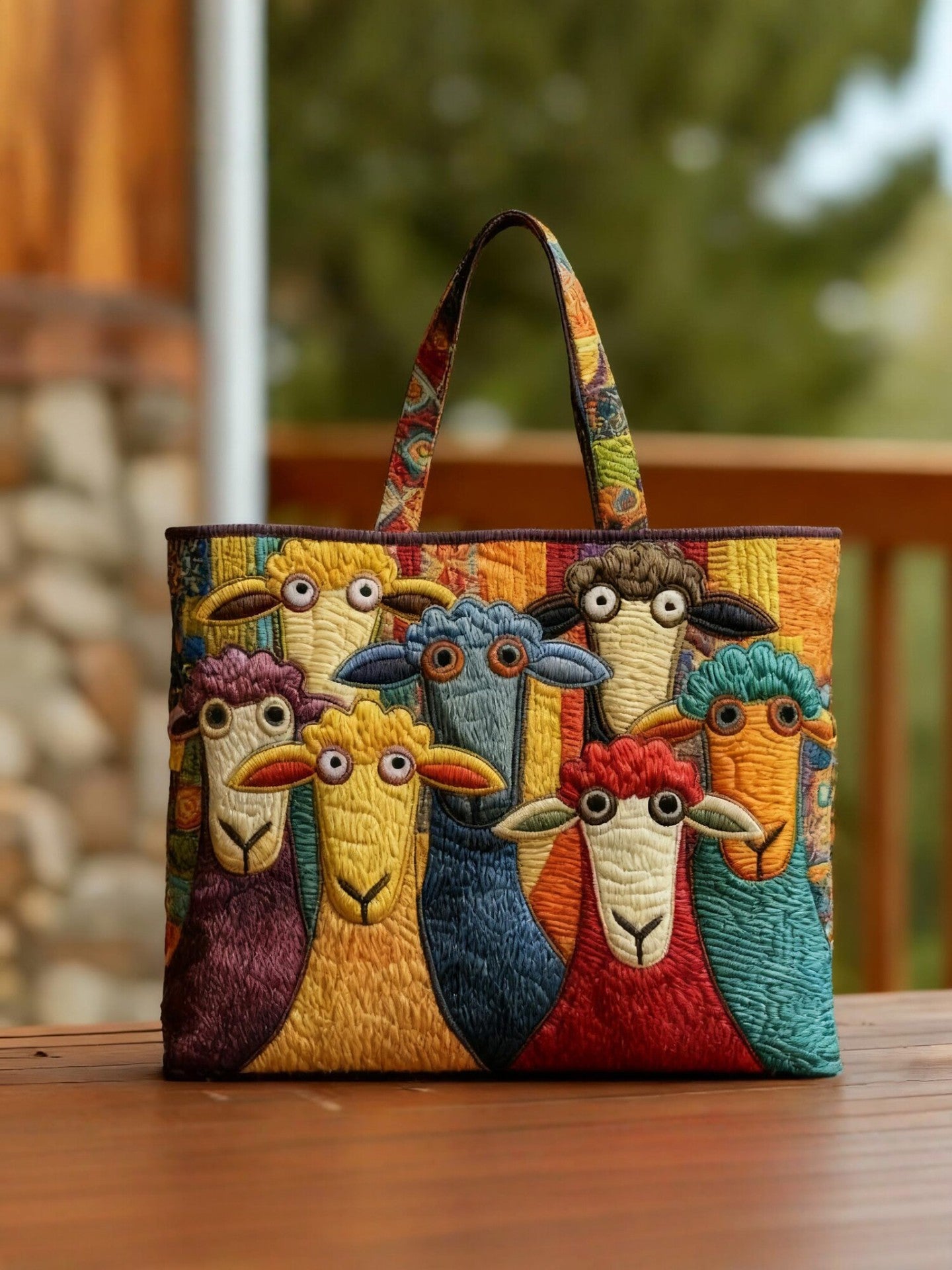 Handmade Embroidered Quilted Tote Bag with Jungle Animal and Book Patterns