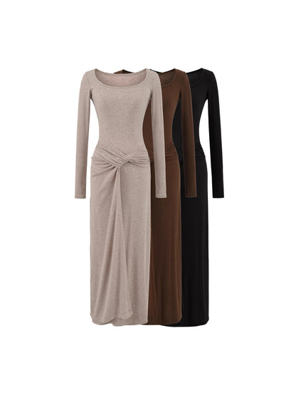 French Square Neck Twisted Waist Long Dress