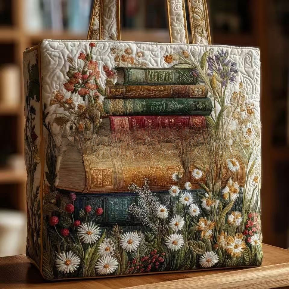 Handmade Embroidered Quilted Tote Bag with Jungle Animal and Book Patterns