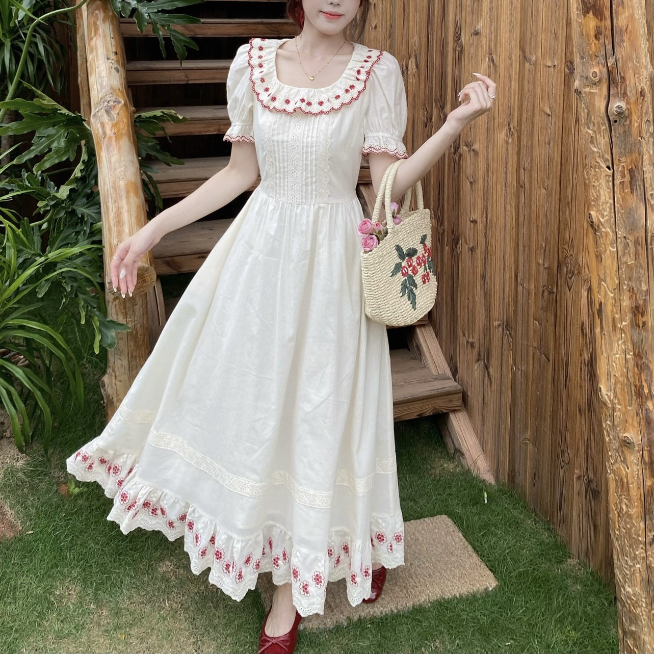 Embroidered Apricot Rose Long Dress