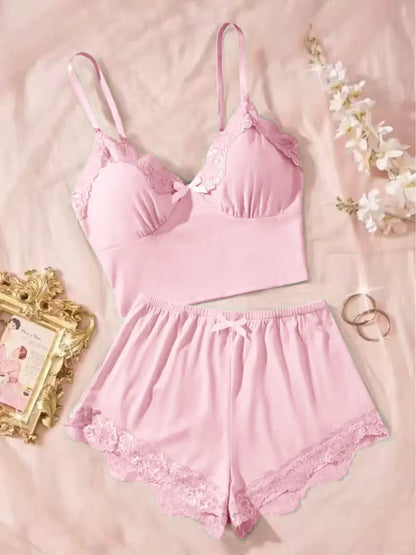 Cross-Border Home Pajamas Camisole Shorts Set Solid Color Patchwork with Chest Pads