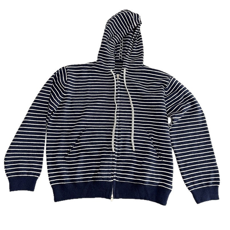 Women Casual Hooded Zip Up Striped Sweater