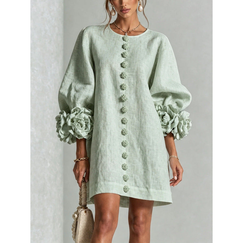Womens Floral Applique Lantern Sleeve A-Line Dress