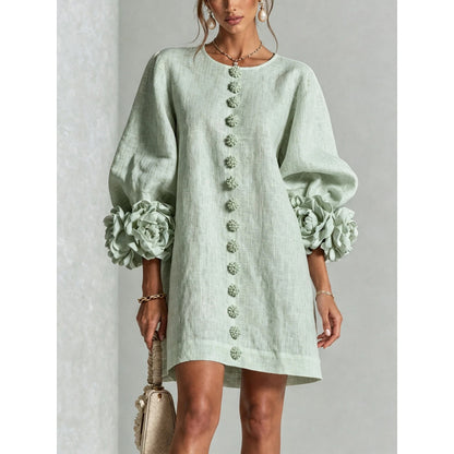 Womens Floral Applique Lantern Sleeve A-Line Dress