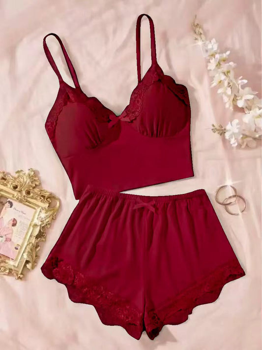 Cross-Border Home Pajamas Camisole Shorts Set Solid Color Patchwork with Chest Pads