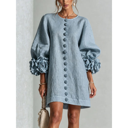 Womens Floral Applique Lantern Sleeve A-Line Dress