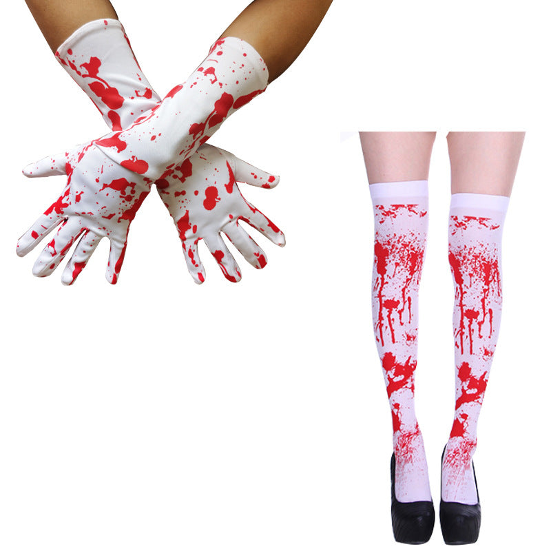 Halloween Skeleton Print Gloves and Socks Set