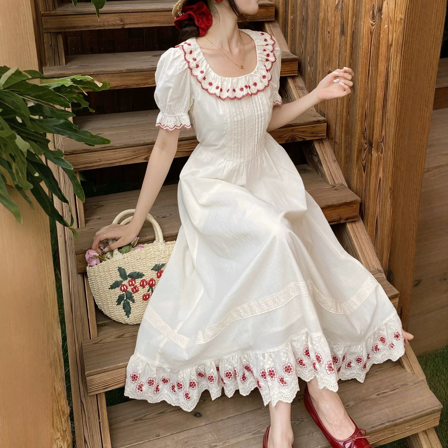 Embroidered Apricot Rose Long Dress