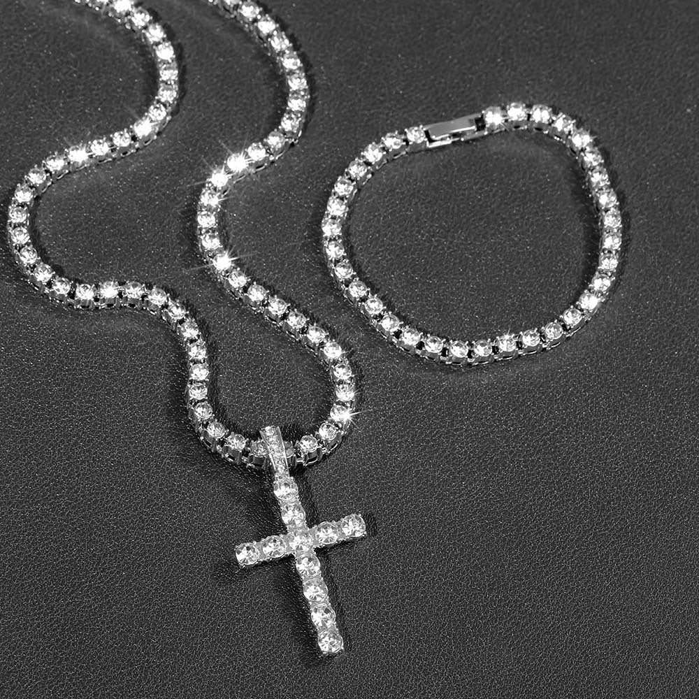 Hip Hop Rhinestone Cross Pendant Necklace 4mm Chain Unisex