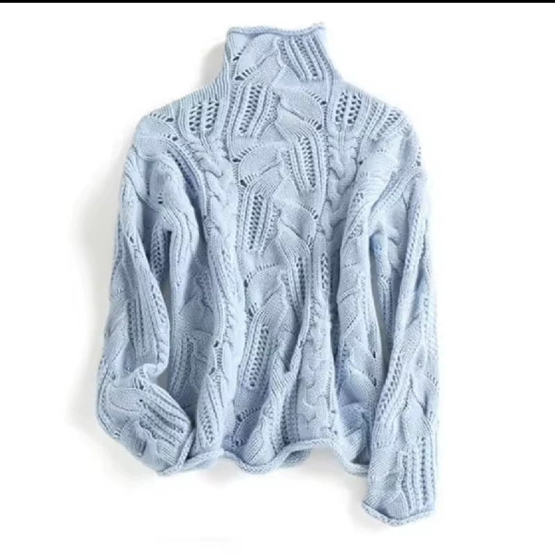 Loose Ribbed Cable Knit Sweater High-Neck Thickened Knitted Sweater for Women