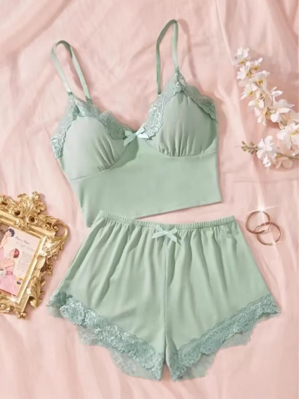Cross-Border Home Pajamas Camisole Shorts Set Solid Color Patchwork with Chest Pads