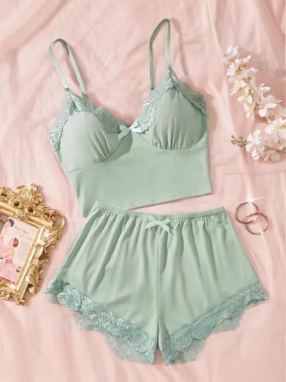 Cross-Border Home Pajamas Camisole Shorts Set Solid Color Patchwork with Chest Pads