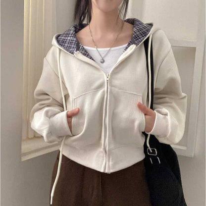 Relaxed and loose checkered plain-colored zipper long-sleeved hoodie