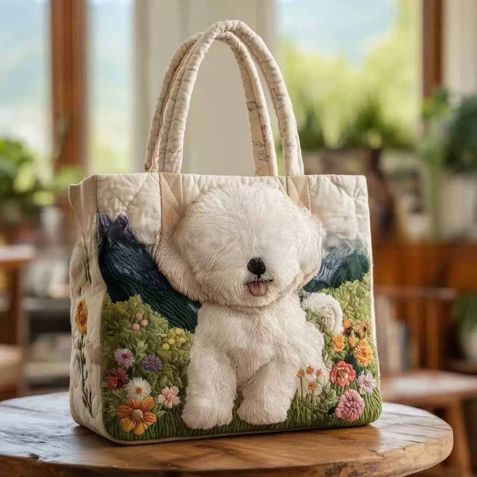 Handmade Embroidered Quilted Tote Bag with Jungle Animal and Book Patterns