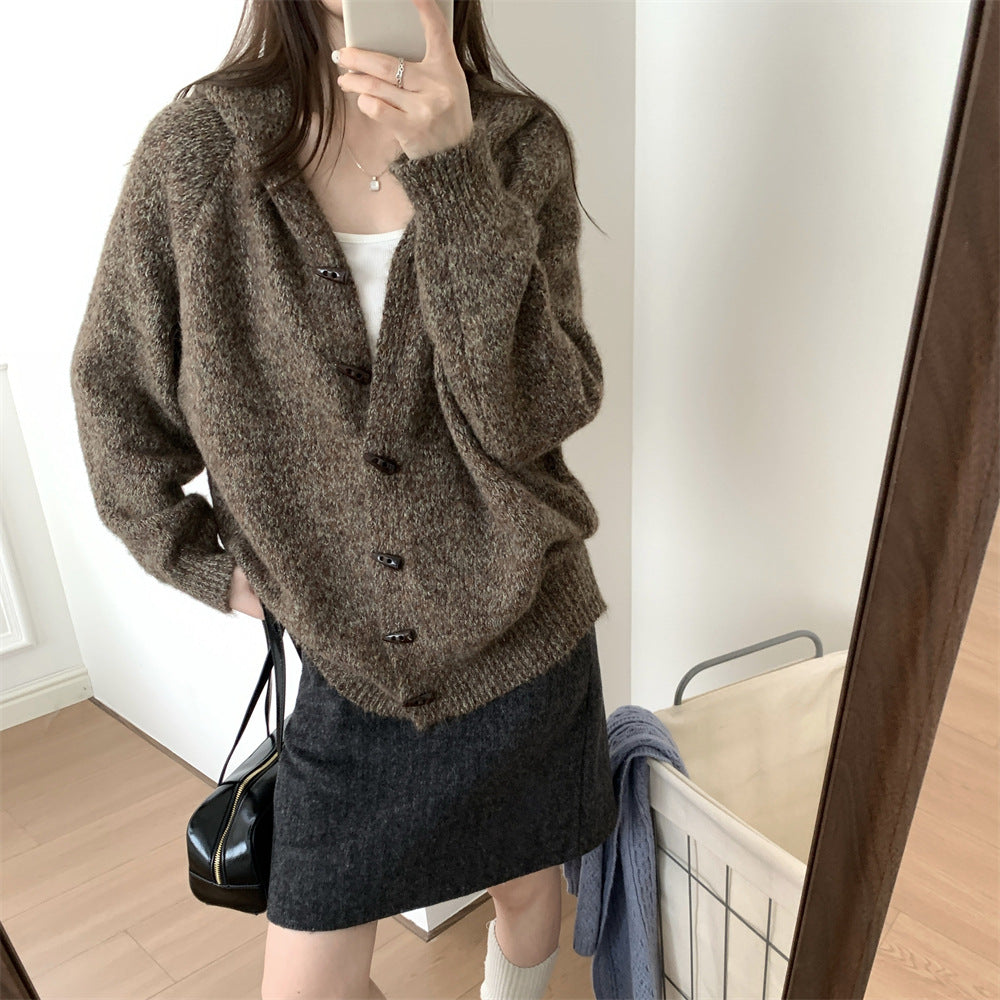 Soft Loose Hooded Cardigan Women Long Sleeve Horn Button Knit Sweater Coat