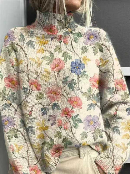 Women's Turtleneck Knitted Sweater Long Sleeve Pullover 3D Digital Print