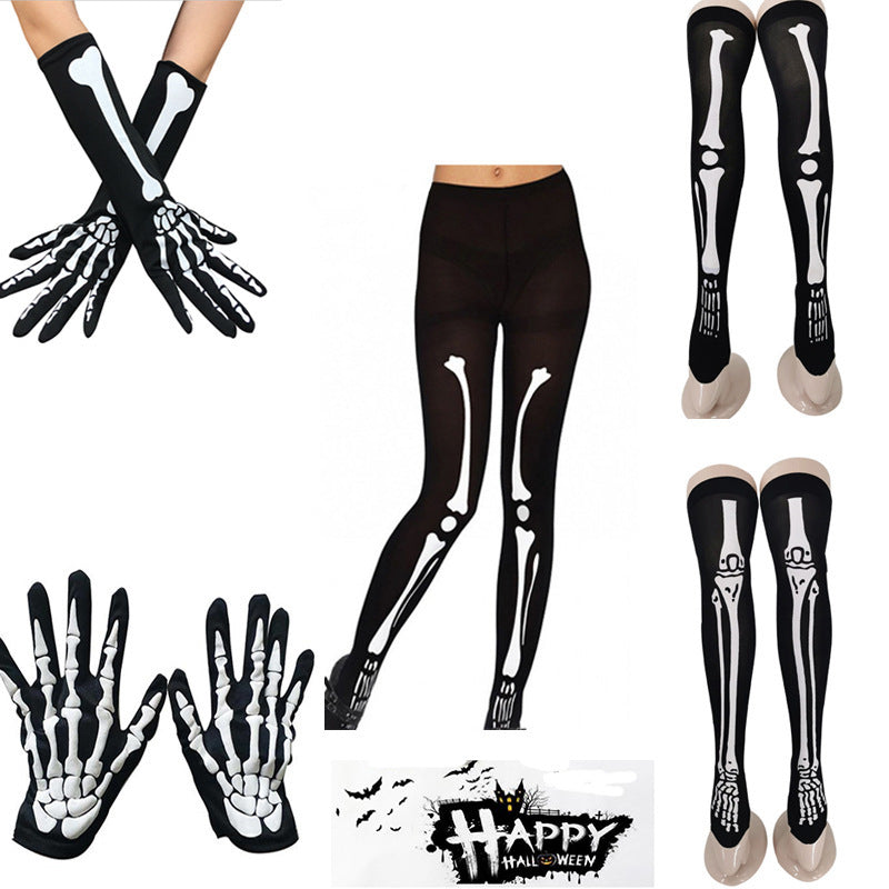 Halloween Skeleton Print Gloves and Socks Set