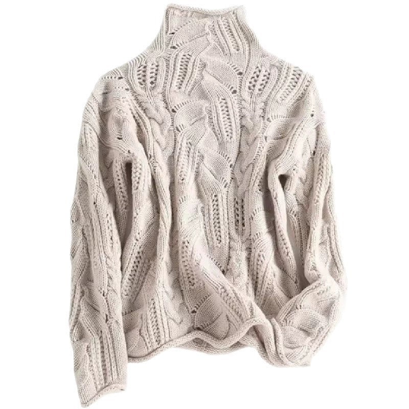 Loose Ribbed Cable Knit Sweater High-Neck Thickened Knitted Sweater for Women
