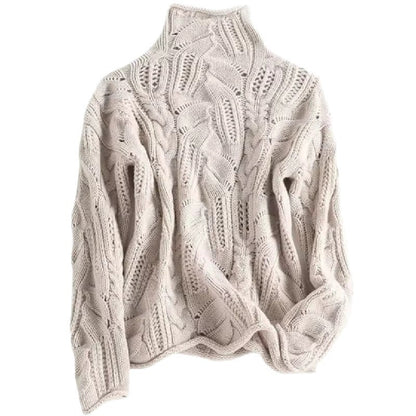 Loose Ribbed Cable Knit Sweater High-Neck Thickened Knitted Sweater for Women